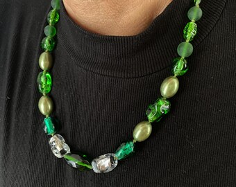 Collier Vintage Perles De Verre Murano Vert Dégradé - Haute Couture Années 1950, Occasion