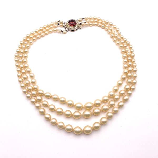 3 row vintage PEARL necklace with remarkable old clasp