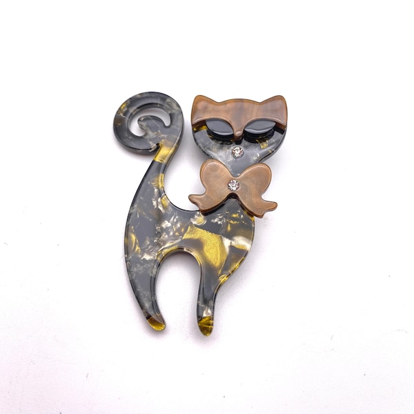 Cat brooch in brown and ochre resin, vintage style 1930