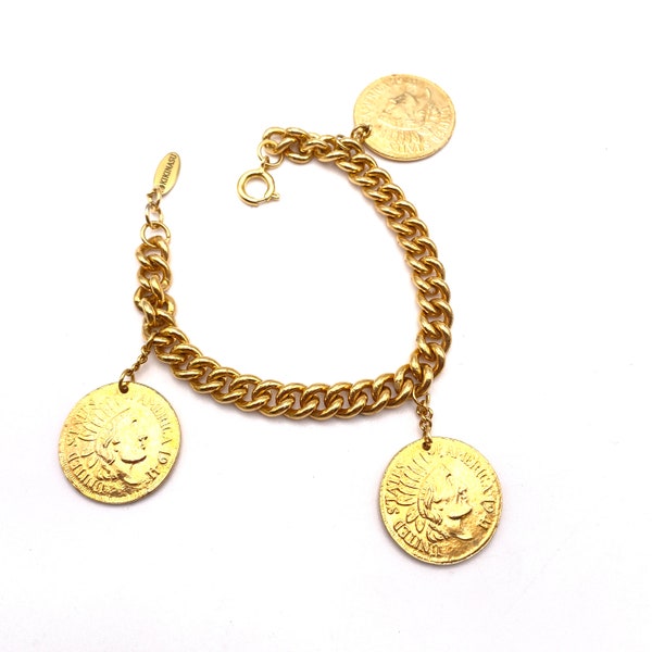 Bracelet breloques coin 5 dollar et chaine gourmette doré de la Collection Kikinasu bijoux upcyclés