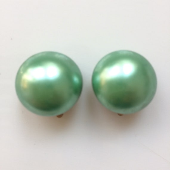 Boucles D'oreilles Clip Vintage Vert Nacré - Bouton Fantaisie Années 40 - Occasion