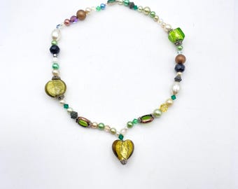 Murano Glass Paste Bead Necklace with Venetian Glass Heart Pendant Upcycled Jewelry Collection