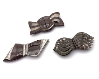 Lot de 3 Boucles de ceinture ART DECO en pâte de verre chocolat Tchécoslovaquie 1930