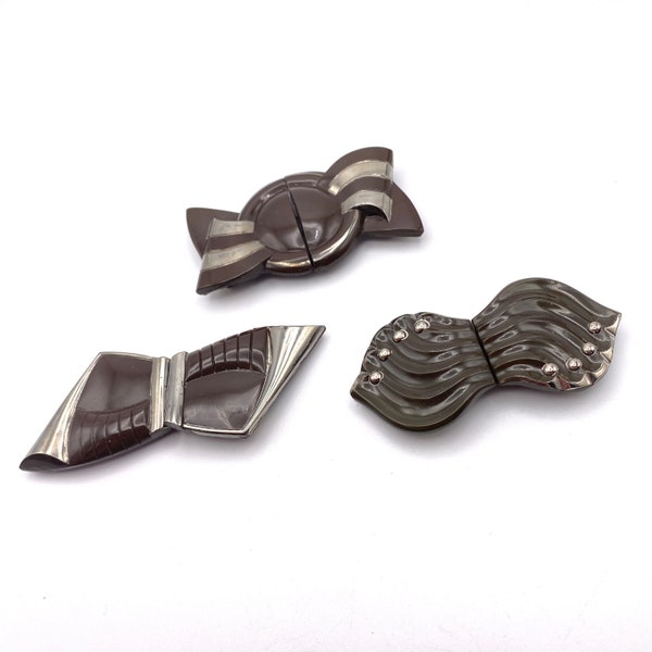 Lot de 3 Boucles de ceinture ART DECO en pâte de verre chocolat Tchécoslovaquie 1930