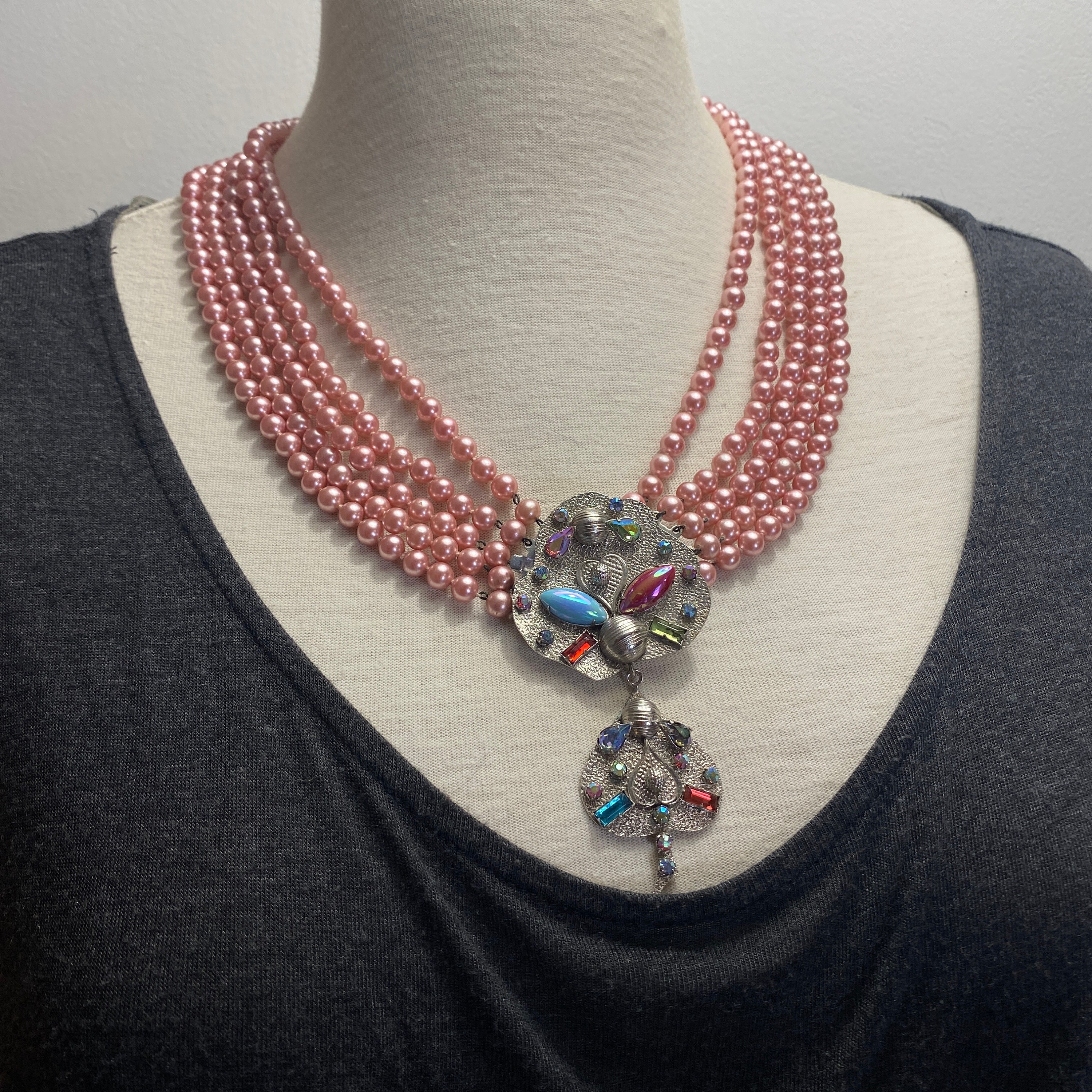 Collier Court Vintage Années 70 - Perles Rondes Et Olives En Résine, Métal Chromé, 48,5 Cm