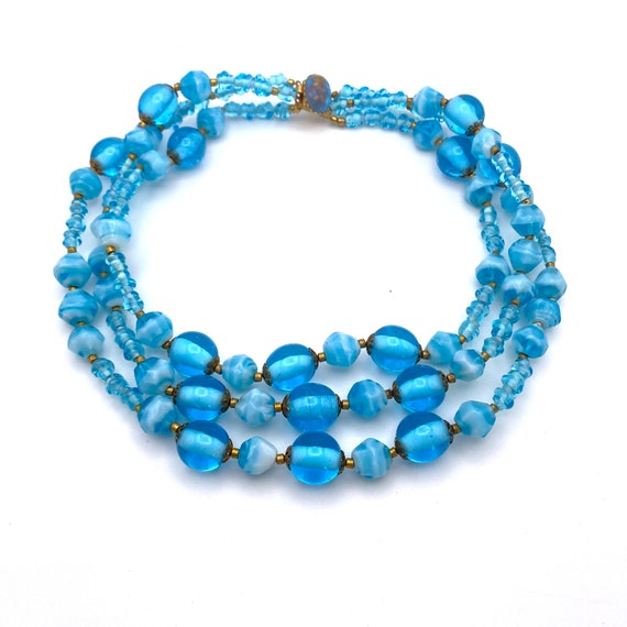 Collier Ancien En Perles De Verre Bleu Turquoise - Bijou Vintage Occasion - Style Perles Années 70 Ou Rétro
