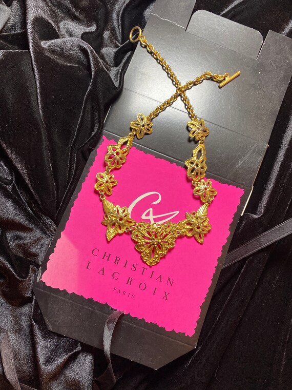 Collier Vintage Années 80 Laiton Vieilli Strass XXL - Bijou Floral Ras Du Cou, Occasion
