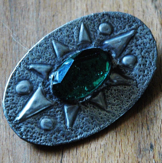 Vintage  brooch pewter with green glass stone and silver tones, stylish with viking, celtic influence, game of thrones, minimal celtic View 2