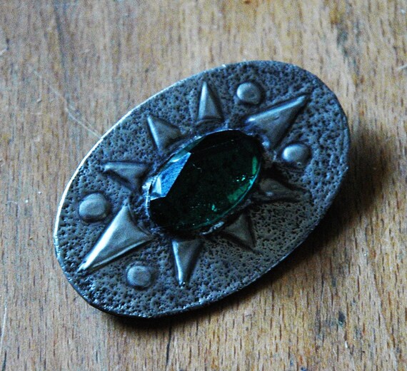 Vintage  brooch pewter with green glass stone and silver tones, stylish with viking, celtic influence, game of thrones, minimal celtic