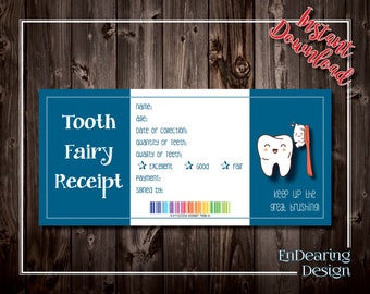 Recibo de Hada de los Dientes Azules imprimible divertido - Recibo de 3.5x7.5 - Descarga instantánea - Recibo de Hada de los Dientes de niño o niña