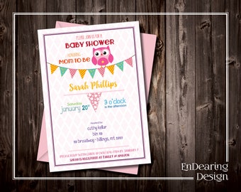 May include: A baby shower invitation with a pink and white diamond pattern background. The invitation features an owl illustration, colorful bunting, and text that reads "Baby Shower" and "Mom to Be". The date and time are also included.