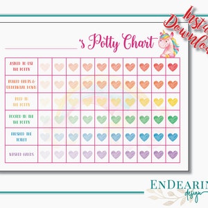Puede incluir: Un gr&aacute;fico de entrenamiento para ir al ba&ntilde;o imprimible con una ilustraci&oacute;n de unicornio y las palabras "Descarga instant&aacute;nea". El gr&aacute;fico presenta una cuadr&iacute;cula de formas de coraz&oacute;n en varios colores, con indicaciones como "Pregunt&oacute; para usar el orinal" y "Tir&oacute; de la cadena".