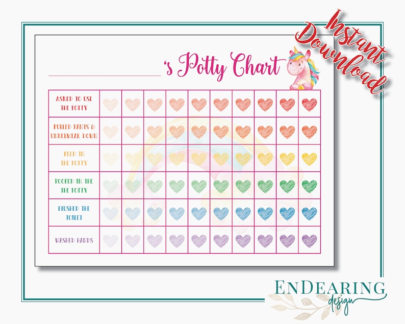 Puede incluir: Un gr&aacute;fico de entrenamiento para ir al ba&ntilde;o imprimible con una ilustraci&oacute;n de unicornio y las palabras "Descarga instant&aacute;nea". El gr&aacute;fico presenta una cuadr&iacute;cula de formas de coraz&oacute;n en varios colores, con indicaciones como "Pregunt&oacute; para usar el orinal" y "Tir&oacute; de la cadena".