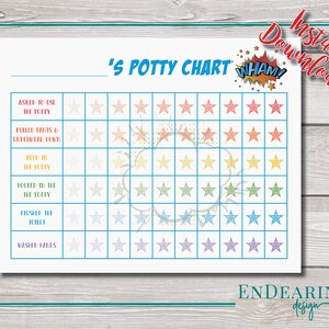 May include: A printable potty training chart with a superhero theme. The chart has a grid of stars in different colors, with a list of potty training tasks on the left side. The text "'S POTTY CHART WHAM!" is at the top of the chart.