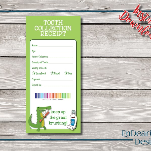 Fun Printable Green Crocodile Tooth Collection Receipt - 3.5x7.5 Receipt - Instant Download - Boy or Girl Tooth Collection Receipt