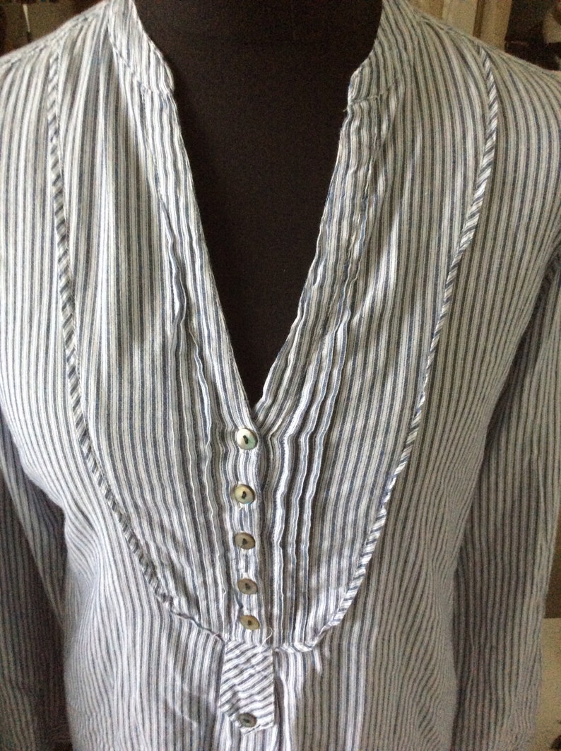 Collarless shirt indigo stripes lagenlook tunic bib front Work | Etsy