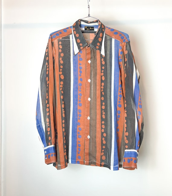 70s brown blue semi sheer abstract designer shirt 