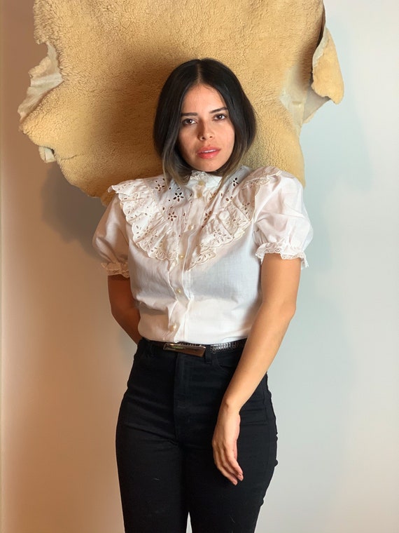 70s Eyelet Puff Sleeve Blouse