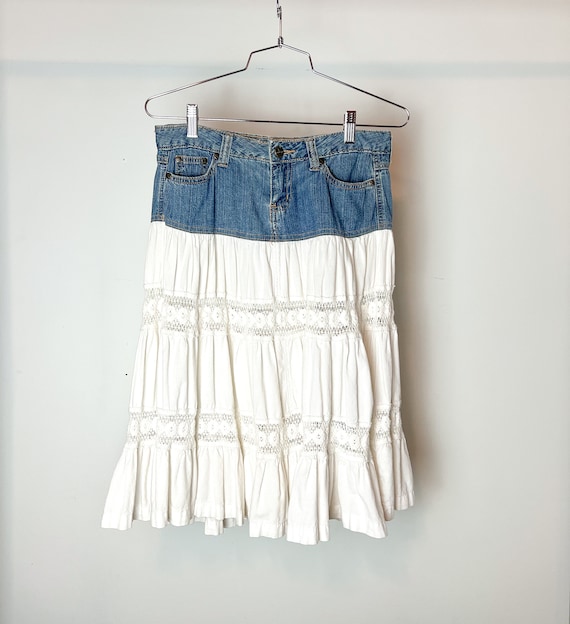 vintage y2k denim tiered boho midi low rise skirt… - image 1