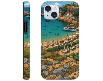 Lindos Phone Case – Greek Island Hardback Cover – Travel-Inspired Lindos Souvenir – Scenic Rhodes Gift