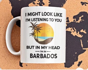 In My Head I’m in Barbados Mug – Funny Tropical Coffee Cup – Barbados Lover Gift – Island Holiday Travel Mug for Beach Vacation Lovers