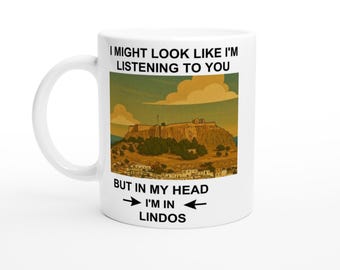 Lindos Greece Mug, Greek Island Dreaming Coffee Cup, Rhodes Travel Lover Gift, Funny Lindos Holiday Mug, Vacation Souvenir for Her or Him