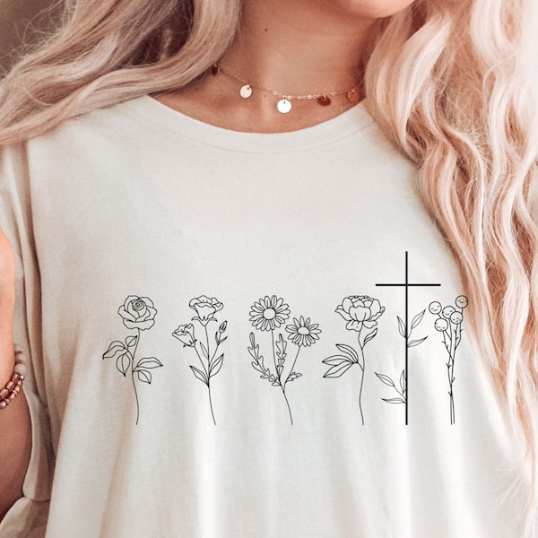 Minimalist Botanical Cross Shirt SVG, Boho Christian Floral Cut file, Jesus Flower Wall Art, Simple Yeshua Line Art, Commercial Use