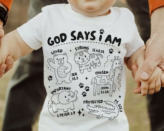 Dios dice que soy Safari camiseta SVG, Christian Shirs Archivo de corte para niños, Diseño de camiseta para niños pequeños bíblicos, Sublimación de animales para niños, Versículo de la Biblia PNG