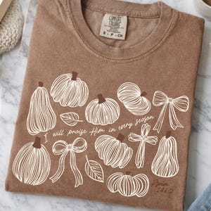May include: A brown short-sleeve t-shirt featuring a white line-art graphic of various pumpkins, two bows, a cross, and two leaves. The text reads, I will praise Him in every season, and Psalm 146:2. The shirt has a crew neckline and a visible brand label.