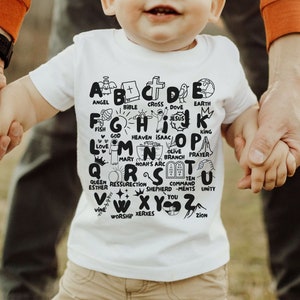 Biblisches Alphabet Tshirt SVG, christliche Shirts geschnitten Datei für Kinder, biblisches Kleinkind Tee Design, Kinder religiöse Sublimation, Bibel Vers PNG