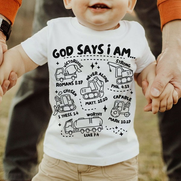 Dios dice que soy camiseta de camión de niños SVG, archivo de corte de camisa de niños cristianos, diseño de camiseta de niño bíblico, imágenes prediseñadas de construcción de niños, verso de la Biblia PNG