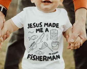 Jesus Made Me a Fisherman Tshirt SVG, Christian Shirts Cut File For Kids, Biblical Toddler Tee Design, Kid Fish Sublimation, Bible Verse PNG