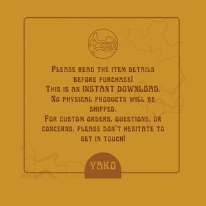 May include: A yellow background with a brown rectangle containing a brown outline of a mountain range and the text "PLEASE READ THE ITEM DETAILS BEFORE PURCHASE! THIS IS AN INSTANT DOWNLOAD. NO PHYSICAL PRODUCTS WILL BE SHIPPED. FOR CUSTOM ORDERS, QUESTIONS, OR CONCERNS, PLEASE DON'T HESITATE TO GET IN TOUCH! YAKO".