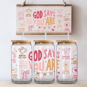 Vaso de 16 oz con versículo bíblico retro SVG, vaso religioso Libbey PNG, vaso de vidrio de 16 oz con fe PNG, Dios dice que eres PNG, uso comercial