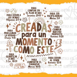 May include: A digital design with the text "CREADAS para un MOMENTO COMO ESTE" in brown and beige, surrounded by Spanish phrases and religious symbols. The design includes the words "SVG & PNG" in a vertical format on the right side.