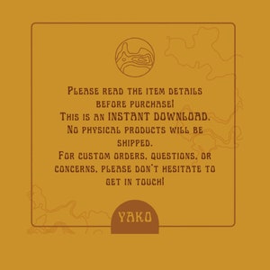May include: A yellow background with a brown rectangle containing a brown line drawing of a mountain range. The text "PLEASE READ THE ITEM DETAILS BEFORE PURCHASE! THIS IS AN INSTANT DOWNLOAD. NO PHYSICAL PRODUCTS WILL BE SHIPPED. FOR CUSTOM ORDERS, QUESTIONS, OR CONCERNS, PLEASE DON'T HESITATE TO GET IN TOUCH! YAKO" is written in brown text.