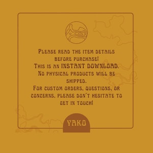 May include: A yellow background with a brown rectangle containing a brown line drawing of a mountain range. The text "PLEASE READ THE ITEM DETAILS BEFORE PURCHASE! THIS IS AN INSTANT DOWNLOAD. NO PHYSICAL PRODUCTS WILL BE SHIPPED. FOR CUSTOM ORDERS, QUESTIONS, OR CONCERNS, PLEASE DON'T HESITATE TO GET IN TOUCH! YAKO" is written in brown text.