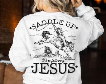 Nous montons en selle, nous suivons Jésus svg, rétro Christian Western png, chemise Bible pour hommes vintage PNG, Christian Cowboy Dad png, usage Commercial