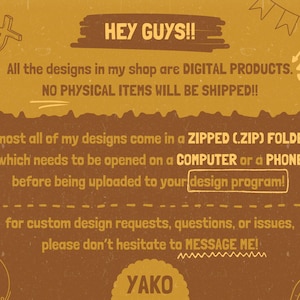 May include: A tan graphic with the text "HEY GUYS!!" and other text describing digital products. The text also mentions zipped folders and custom design requests. Decorative elements include a fish symbol, cross, and zipper.
