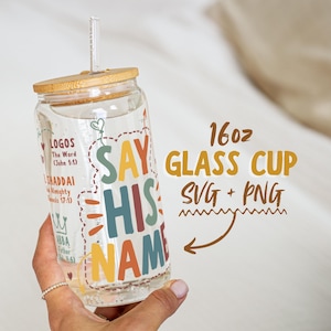 Vaso religioso retro de 16 oz Svg, versículo bíblico Libbey Can Wrap PNG, taza de vidrio con cita de fe PNG, taza de fe con los nombres de Dios PNG, uso comercial