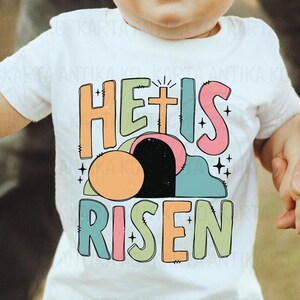 Retro He is Risen Shirt png, Boho Christian Easter Boys SVG, Kids Faith Clipart, leeg graf shirt idee, trendy waargebeurd verhaal Jesus Transfer png