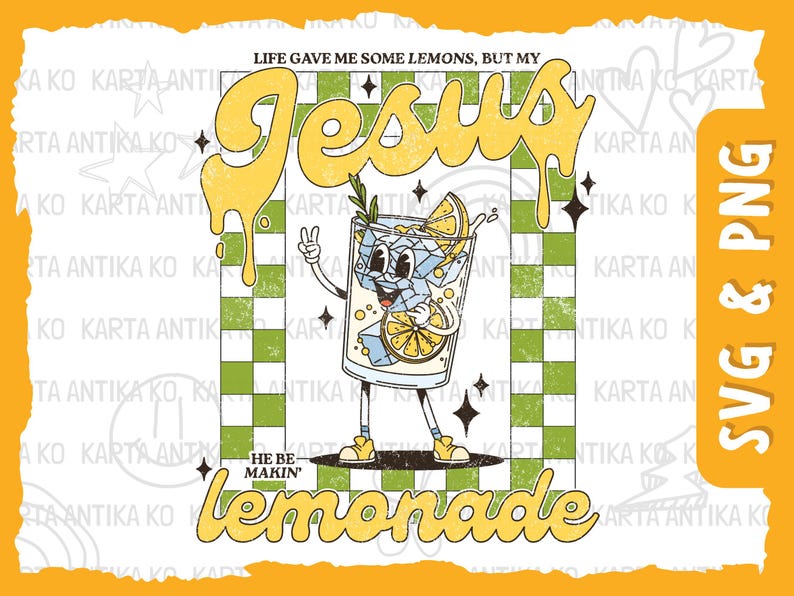 Op de afbeelding: Een retro-stijl grafische afbeelding met een cartoon glas limonade met een gezicht, armen en benen. De tekst luidt: "Het leven gaf me wat citroenen, maar mijn Jezus maakt limonade." Het ontwerp staat tegen een groen-witte geruite achtergrond.