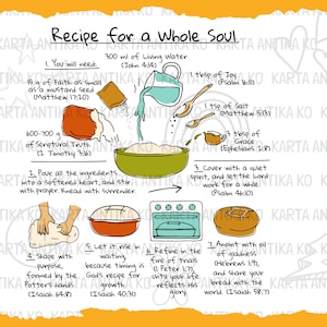 May include: A whimsical illustration titled "Recipe for a Whole Soul" features steps for spiritual growth. It includes ingredients like faith, joy, and grace, with measurements in grams and milliliters. The image is a colorful guide to nurturing the soul.