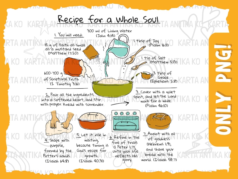 May include: A whimsical illustration titled "Recipe for a Whole Soul" features steps for spiritual growth. It includes ingredients like faith, joy, and grace, with measurements in grams and milliliters. The image is a colorful guide to nurturing the soul.