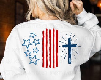 Retro Stars Stripes Cross Shirt Design svg, Boho Christian 4th of July Sublimation, Simple Christian Man png, Kids USA Freedom Shirt PNG