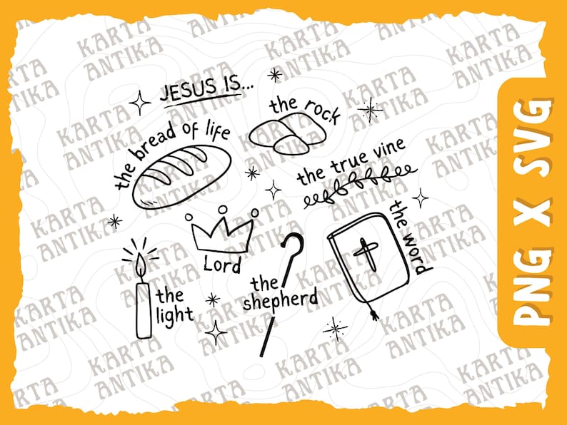 May include: Black and white line art illustrations of Christian religious symbols and phrases. The phrases include "Jesus is... the bread of life", "the rock", "the true vine", "the shepherd", and "the word". The symbols include a loaf of bread, a crown, a shepherd's staff, a vine with leaves, and a book with a cross.
