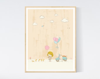 Summer Fun - Girl and Ducklings Baby Nursery or Kids Room Decor Art Prints, nursery prints art, bright nursery, cute nursery happy printable