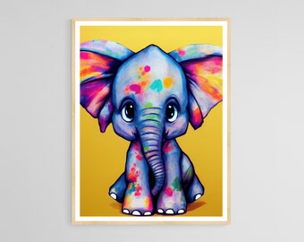 Colourful Cute Baby Elephant Printable - Baby Elephant Print, Baby Safari Print, Safari Baby Animal, Wall Art, Nursery Elephant Poster