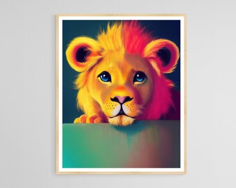 Imprimé coloré et mignon de bébé lion - Imprimé de bébé lion, pouponnière de lion, imprimés de pouponnière, art de pouponnière de lion