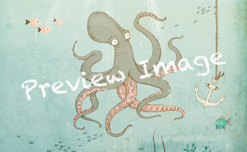 Octopus Underwater Ocean Nautical Nursery Art Print, nautical nursery art, nautical kids decor, marine nursery, ocean, fish, nautical image 4